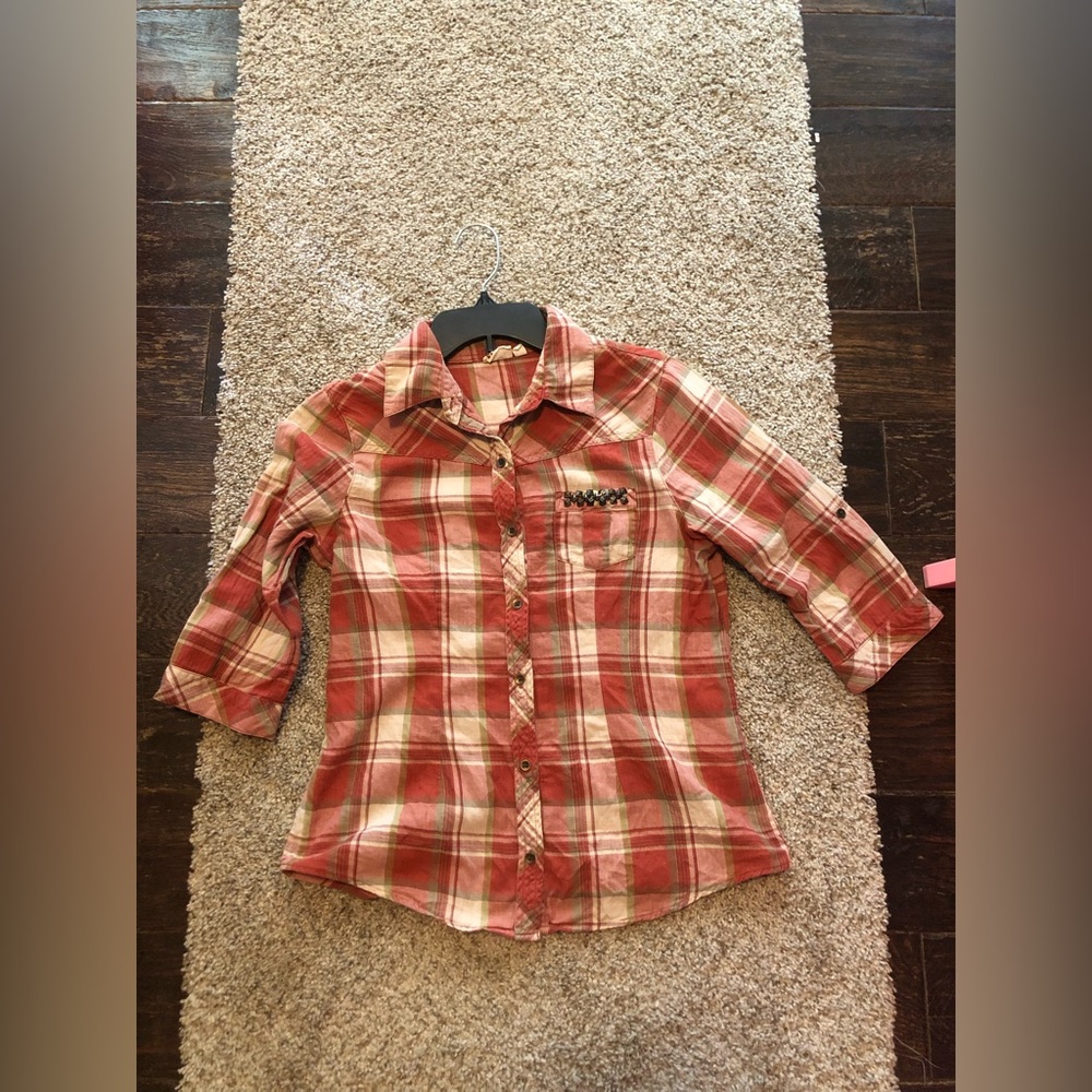 Mudd Red and Cream Plaid Button Down Shirt juniors size large